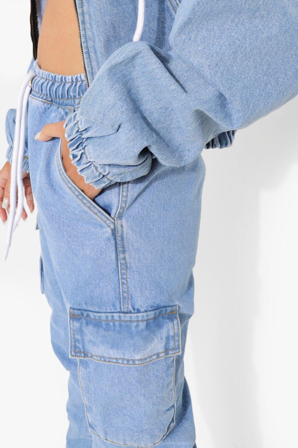 Cuffed Denim Joggers With Pockets boohoo